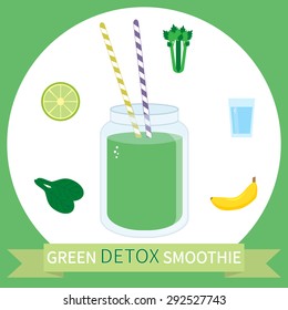 Illustration of healthy green detox smoothie recipe with ingredients. Can be used as menu element for cafe or restaurant.