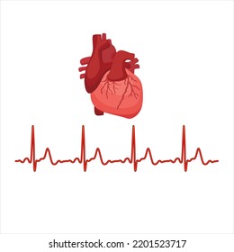 Illustration Of Healthy Heart And Heart Rate Chart. World Heart Day. Flat Design Vector.