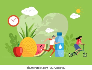 An illustration of healthy lifestyle concept with food and sport icons