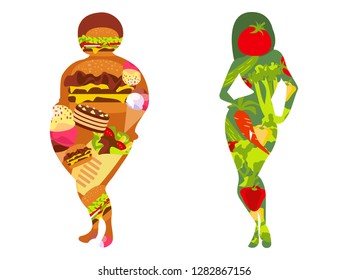 Illustration of a healthy lifestyle. Fit woman eating healthy green vegetables food or fat girl eating fast food. Healthy lifestyle and bad habits, a healthy diet and daily routine. 