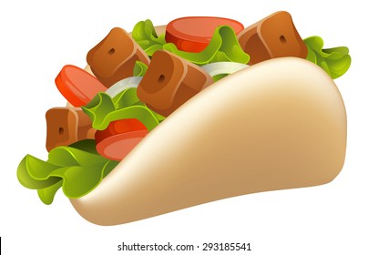 An illustration of a healthy looking cartoon souvlaki kebab