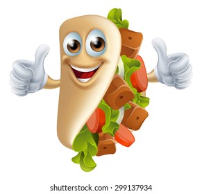 An illustration of a healthy looking cartoon souvlaki kebab character giving a thumbs up