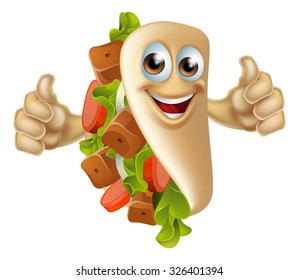 An illustration of a healthy looking cartoon souvlaki kebab mascot man