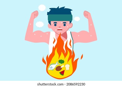 Illustration Of A Healthy Man With Sweat After Activity.The Exercise Was  Burning The Food Or Calories To Making Fatty Off. Cartoon For Healthcare And Fat Off Campaign.