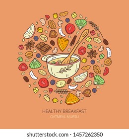 Illustration of healthy oatmeal muesli. Healthy granola food for breakfast organic snack. Cartoon vector sketch of oatmeal muesli. 