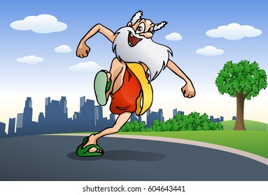 illustration of a healthy in old age grandpa doing jogging on nature background