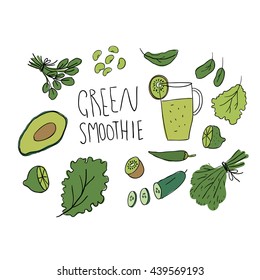 Illustration of healthy products, green fruit and vegetables for smoothie. Hand drawn beans, spinach, kale, lemon, lime, pepper, kiwi, cucumber, avocado, dill and doodle lettering.