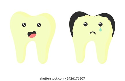 illustration of healthy and sick tooth characters on white background