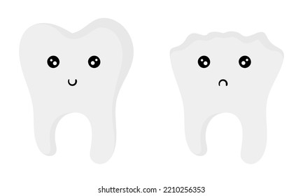 illustration de dents saines avec un visage souriant et des cavités avec un visage froussard sur fond blanc