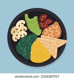 Illustration of healthy vegetarian breakfast with omelette, avocado, spinach and mushrooms on plates in flat style. Plate top view.