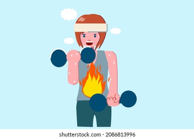 ilustración de una mujer sana con sudor de levantar toneles. El ejercicio fue quemar la comida o calorías para hacer grasty. caricatura para la salud y la campaña para eliminar la grasa.