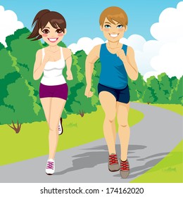 Illustration of healthy young jogging couple happy running in park