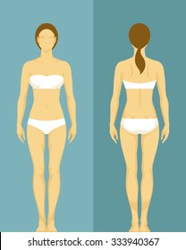 illustration of a healthy young woman from front and back view. Silhouette of young female body. Vector eps file.