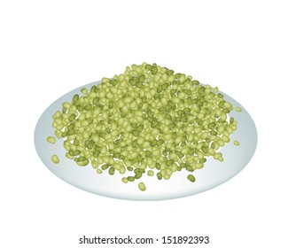 An Illustration Heap Of Mung Dried Beans Spilled on A Beautiful white Dish Isolated on White Background 