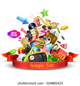 illustration of heap of product with ribbon showing sale festival