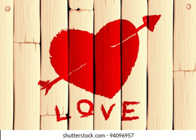 illustration of heart with arrow on wooden love background