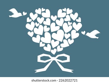 Illustration of a heart bouquet and birds. Blue and white cute and retro design. Vector illustration.