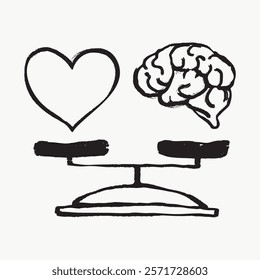 Illustration of a heart and brain balanced on scales. Heart and brain symbolize emotion and logic. Balance between emotion and logic depicted. Simple black line art doodle vector.