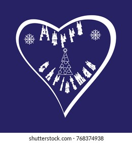 Illustration of a heart and Christmas tree. Retro image. Print for the designer. Gift card, badge. The avatar element for the player. A business card for the holiday. Map for the corporate.