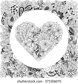 Illustration "Heart" was created in doodling style in black and white colors.   It  can be used for coloring books for adult or valentines card.
