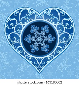 Illustration of  heart decorated with curls and a snowflake