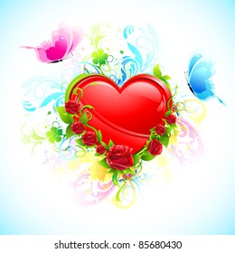 illustration of heart decorated with flower and flying butterfly