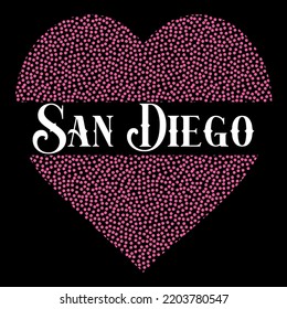 Illustration Heart with fill dots, and text San Diego California Girl Beach Design.