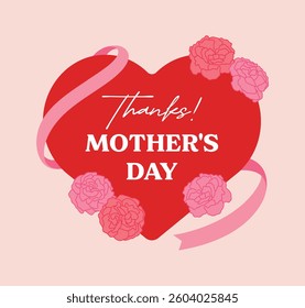 An illustration of a heart frame card with carnations, a flower to celebrate Mother's Day. 'Mother's Day' is a day to express gratitude to mothers.