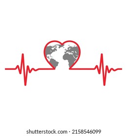 Illustration of a heart with a globe and a pulse on a white background