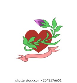 Illustration of a heart with green vines and purple flowers, decorated with a pink ribbon. Symbolizes romance, love and natural elegance. Ideal for romantic or decorative themes and artistic designs.