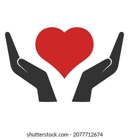 Illustration of a heart in the hands of a symbol of care on a white background.
