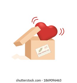Illustration of a heart inside a gift box that opens on Valentine's Day. Open package with a greeting card for Valentine's Day. Bright red heart. Icon. Vector