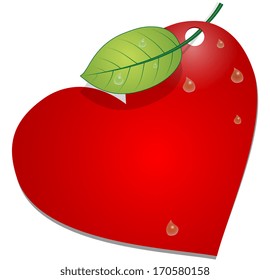 Illustration of heart with leaf and drops on a white background