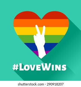 Illustration of heart in LGBT colors with a Love Wins hashtag