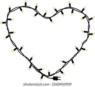 illustration of a heart made of decorative glowing garland or lights without background