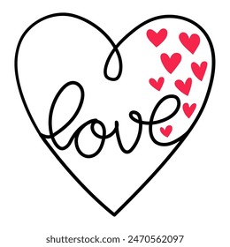  Illustration of a heart made with the word love inside with hand-made letters and red hearts, love phrases, lettering, t-shirt design
