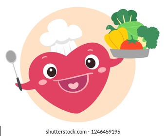 Illustration of a Heart Mascot Wearing Chef Hat and Holding Spoon and a Tray of Vegetables