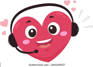 Illustration of a Heart Mascot Wearing a Headset and Smiling. Love Hotline or Call Center