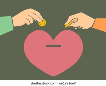 Illustration of a Heart Money Bank with Hands of a Couple Saving Money