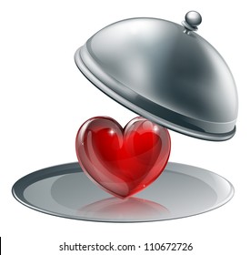 Illustration of a heart on a silver platter . Concept for giving love or of love of cooking perhaps