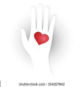 illustration of heart in the palm. Man extends his hand with heart symbol - declaration of love.