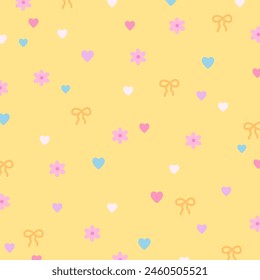 Illustration of heart, ribbons, flowers on a pastel yellow background for floral print, girly pattern, kid clothes, gift wrap, packaging, fabric, wallpaper, backdrop, women textile, garment, dress, ad