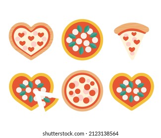 Illustration of heart and round italian pizza and slices. Pizza with tomatoes, mozzarella cheese. Concept, restaurant menu, cafe, fast food, pizzeria.