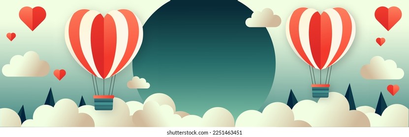 Ilustración De Globos De Forma Cardíaca Con Marco Redondo Sobre Nubes, Fondo De Árboles Cónicos. Amor O Concepto De Día De San Valentín.