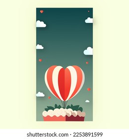 Illustration Of Heart Shape Balloons With Round Frame On Clouds, On Pastel Green Background And Copy Space. Love Or Valentine's Day Concept.