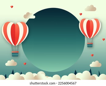Illustration Of Heart Shape Balloons With Round Frame On Clouds, Conical Trees Background. Love Or Valentine's Day Concept.