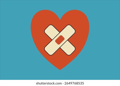 Ilustração de uma forma de coração com ligaduras aplicadas, simbolizando conceitos de cura emocional e cuidados.