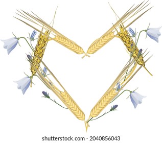 illustration with heart shape form from wheat and bellflowers isolated on white background