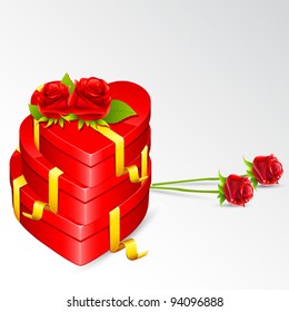illustration of heart shape gift box with rose on love card