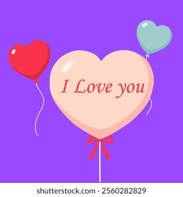 Illustration A heart shaped balloon with "I Love You" written on it, accompanied by two smaller heart balloons.